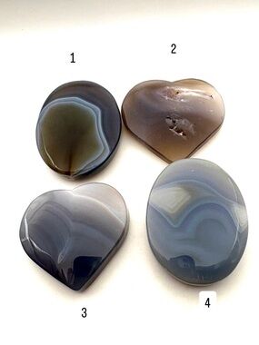 Lot of 4 Agate Crystal Palm Stones- 2 Oval Carvings & 2 Heart Carvings